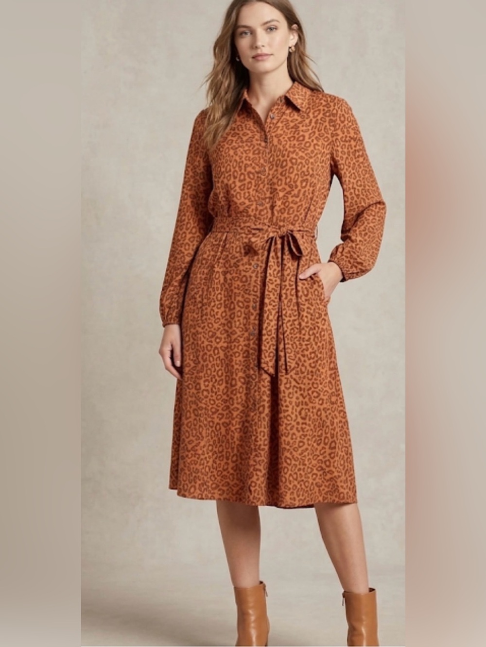 Nine West Orange Leopard Print Button-Up Dress